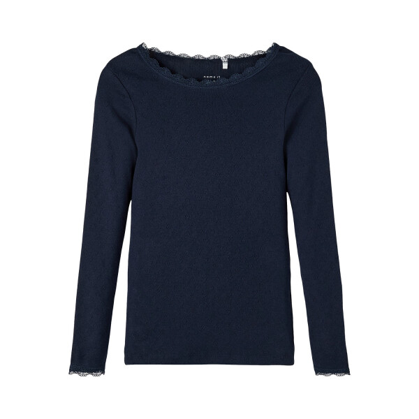 Langarmshirt mit Lochstickerei und Spitzenborte, dunkelblau