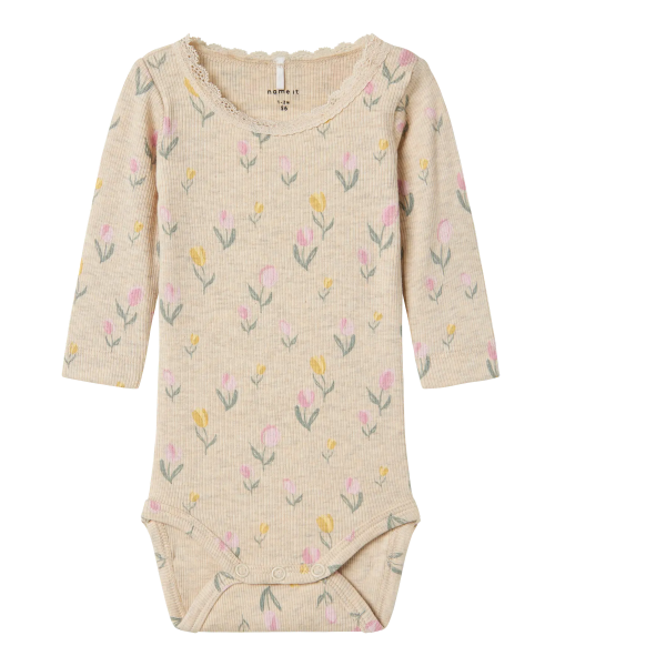 Bio Babybody mit Tulpen, meliert