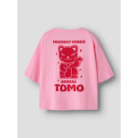Kids Shirt mit R&uuml;ckenprint Winkekatze, pink
