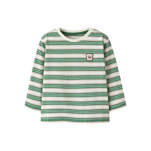 Gestreiftes Langarmshirt mit Stick-Toast, gr&uuml;n/wei&szlig;
